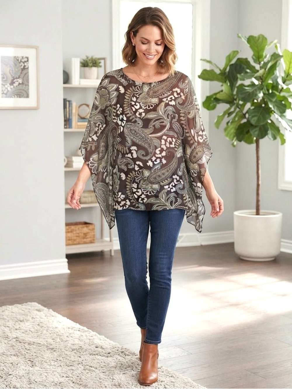 MELANIE LYNE Paisley Poncho Style Tunic Top - Small